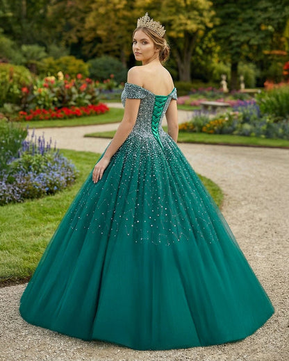 Emerald Green Off The Shoulder Tulle Quinceanera Dresses With Beadings