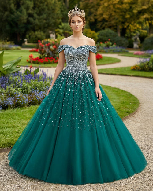 Emerald Green Off The Shoulder Tulle Quinceanera Dresses With Beadings