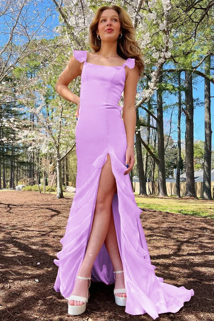 Emerald Green Square Neck Ruffle Slit Prom Dress