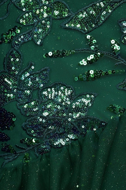 Emerald Illusion Neck Mermaid Tulle Ruffled Long Prom Dresses With Sequins
