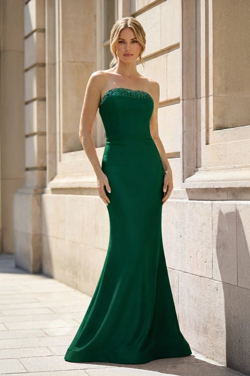 Fuchsia Strapless Mermaid Satin Long Prom Dresses With Beading