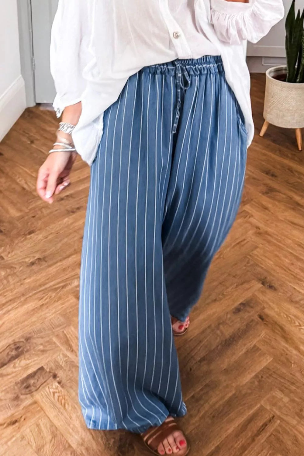Hazel Blues® |  Stripe Chambray Wide Leg Tied Elastic Waist Jeans