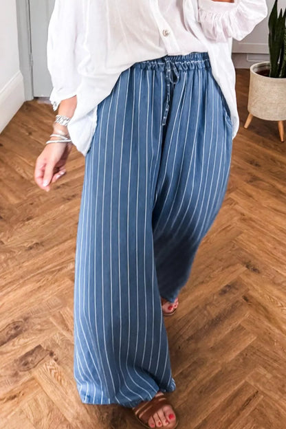 Hazel Blues® |  Stripe Chambray Wide Leg Tied Elastic Waist Jeans