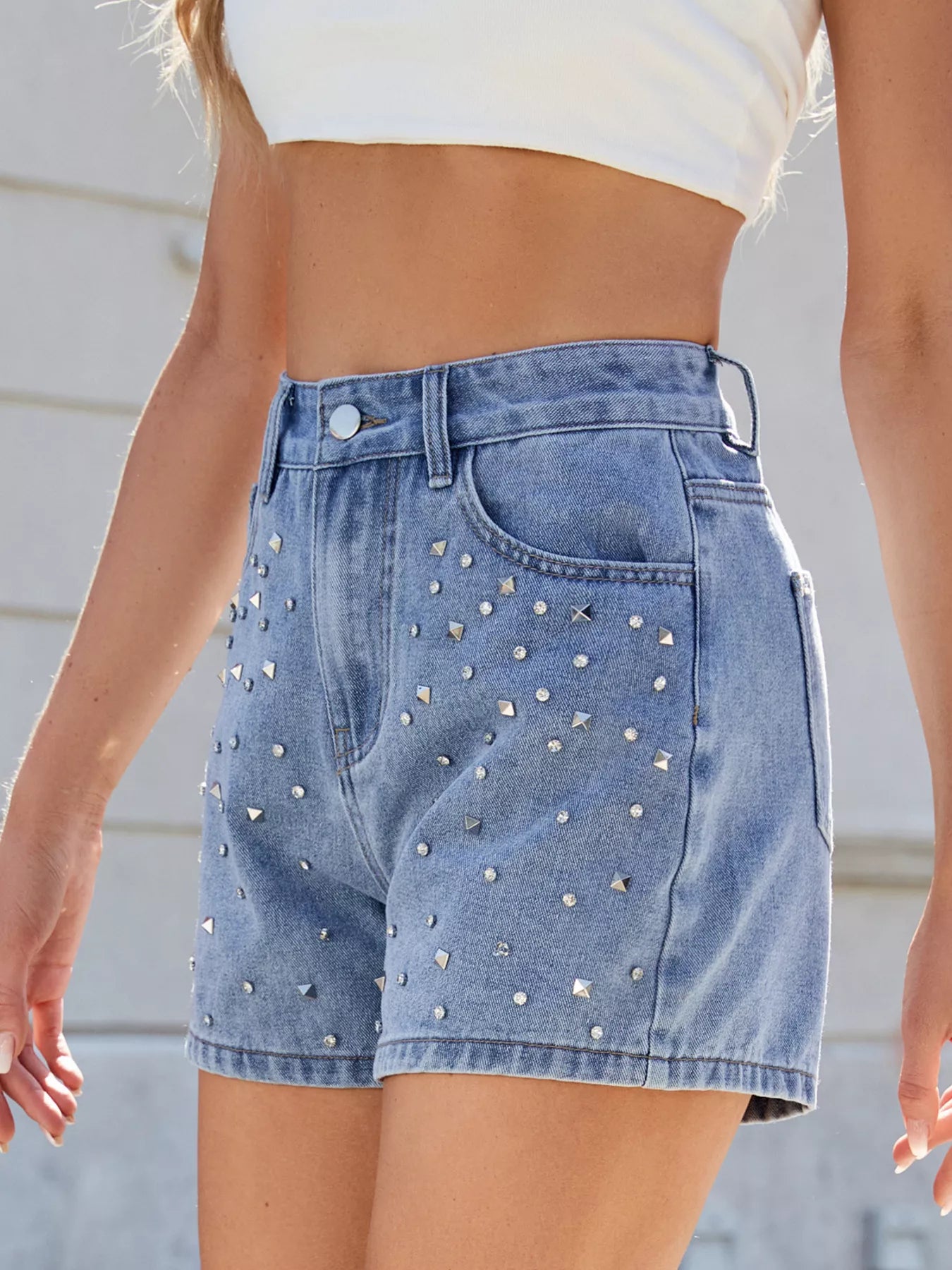 Hazel Blues® |  Studded High Waist Denim Shorts