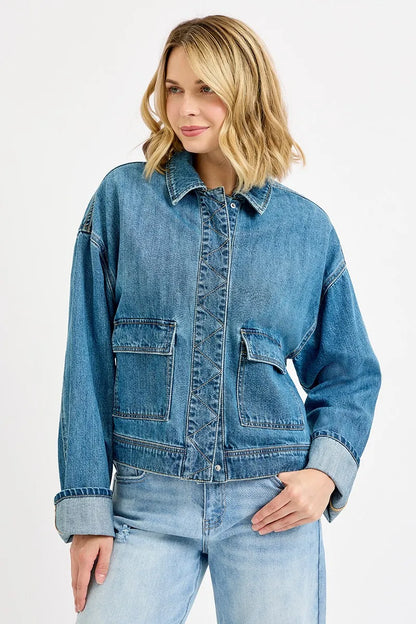 Hazel Blues® |  RISEN Oversized Cargo Pocket Denim Jacket with Cuffed Sleeves