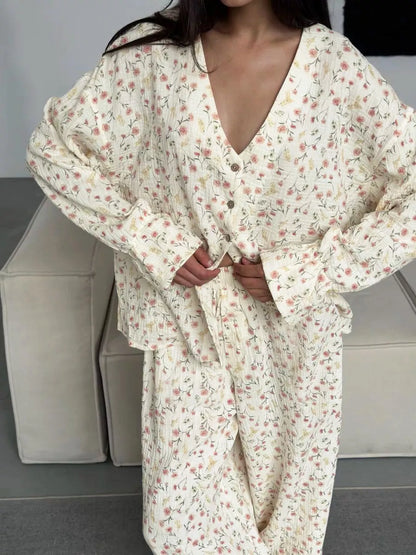 Hazel Blues® |  Floral Print Button-Down Top and Pants Lounge Set