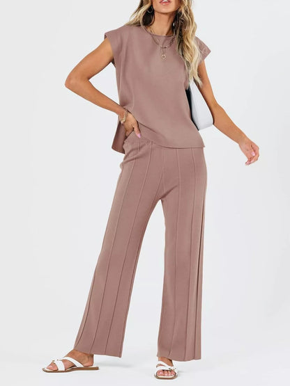 Hazel Blues® |  Casual Solid Color Cap Sleeve Top and Pants Knit Set