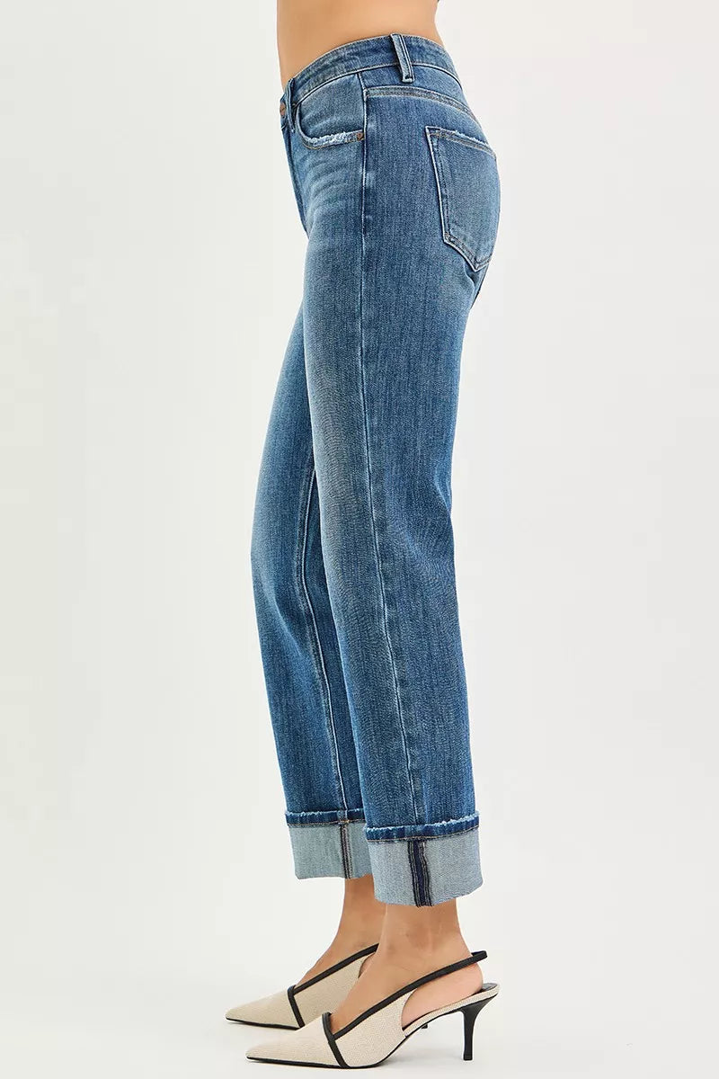 Hazel Blues® | RISEN 4 Way Stretch Slouchy Straight Jeans with Cuffed Hem