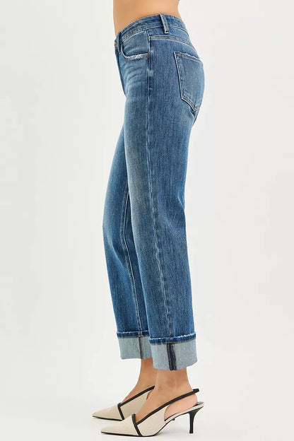 Hazel Blues® | RISEN 4 Way Stretch Slouchy Straight Jeans with Cuffed Hem