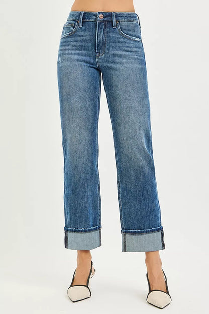 Hazel Blues® | RISEN 4 Way Stretch Slouchy Straight Jeans with Cuffed Hem