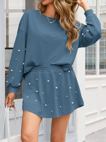 Hazel Blues® |  Pearl Embellished Round Neck Top and Skort Set