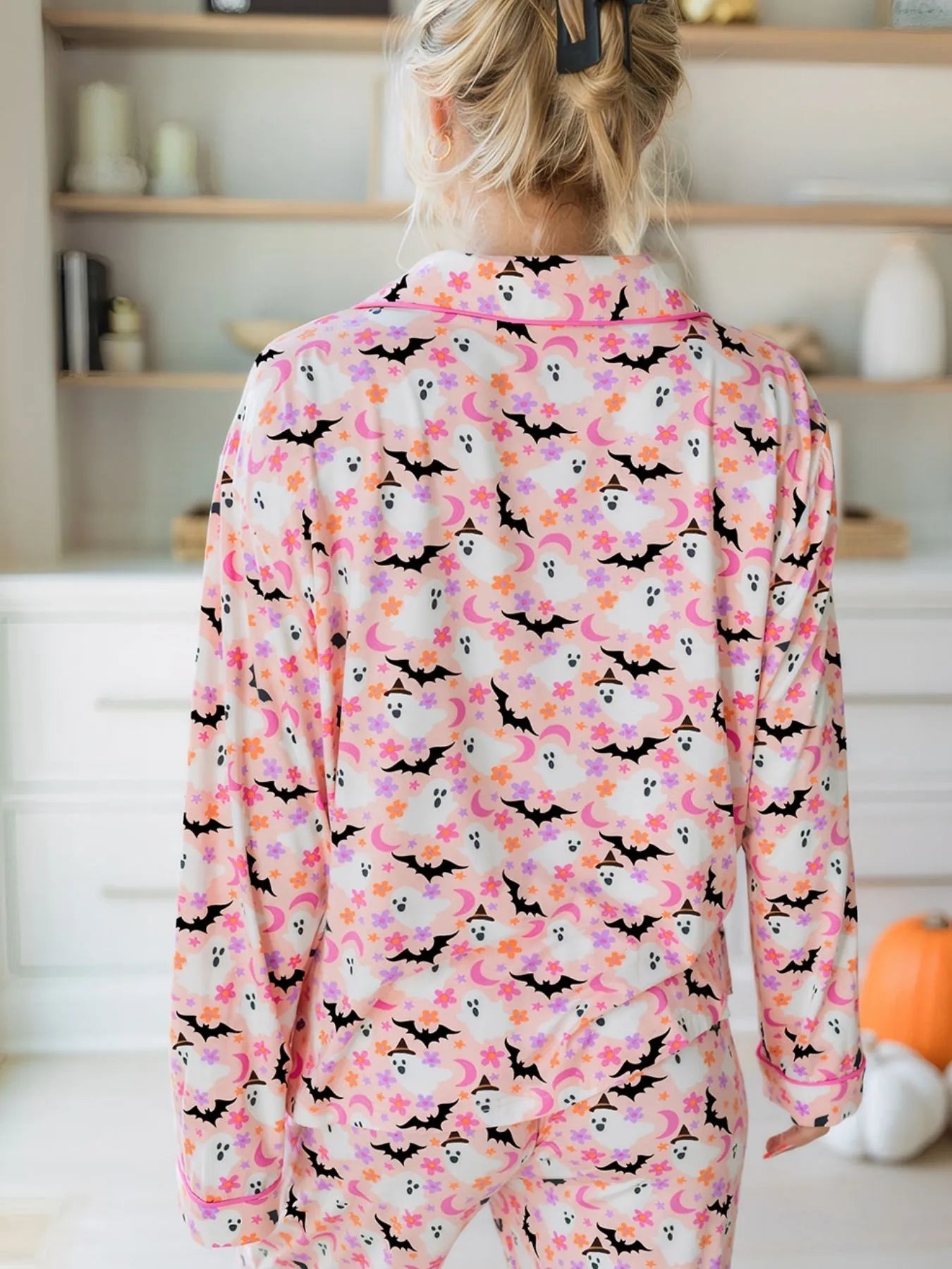 Hazel Blues® |  Halloween Ghost Print Button Up Top and Pants Lounge Set