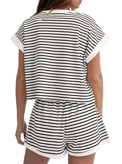 Hazel Blues® | Striped Round Neck Top and Shorts Set