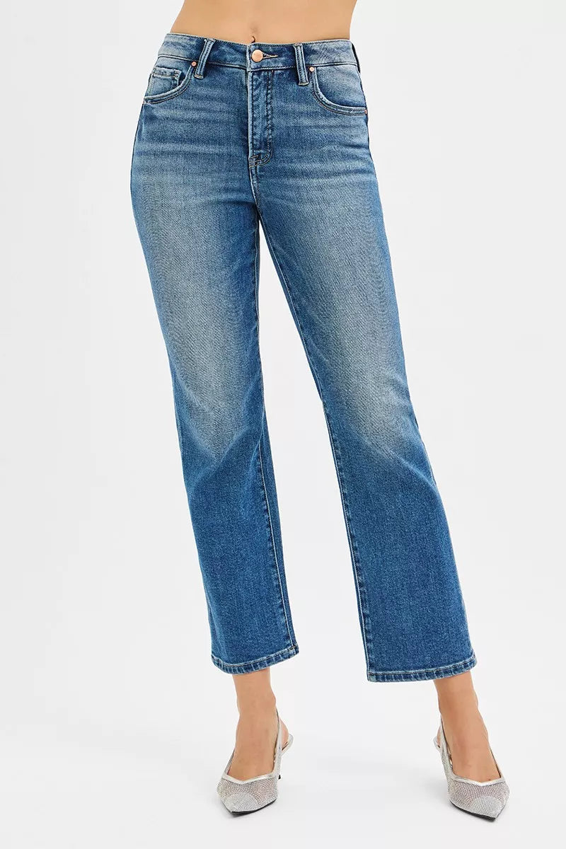 Hazel Blues® |  RISEN Tummy Control High Rise Crop Straight Jeans