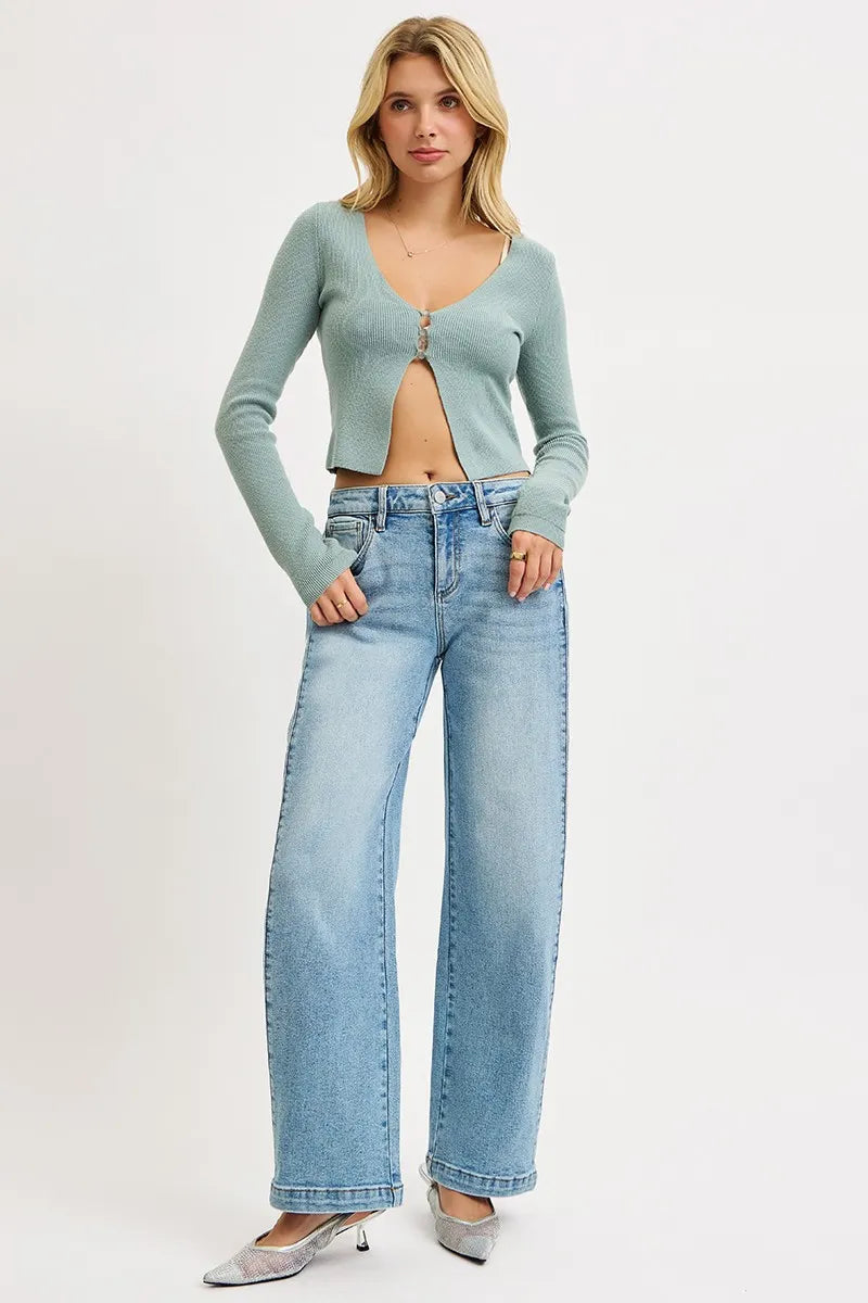 Hazel Blues® |  RISEN Mid Rise Wide Barrel Transferable Leg Snap Jeans