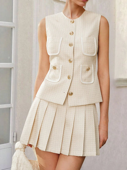 Hazel Blues® |  Tweed Button-Front Vest and Pleated Skirt Set
