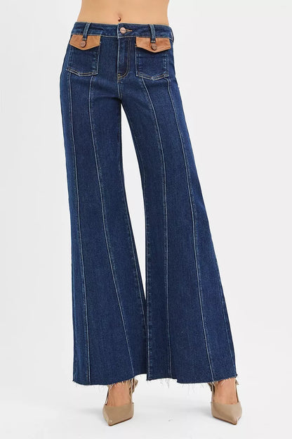 Hazel Blues® |  RISEN High Rise Wide Flare Jeans with Front Leather Pocket Detail