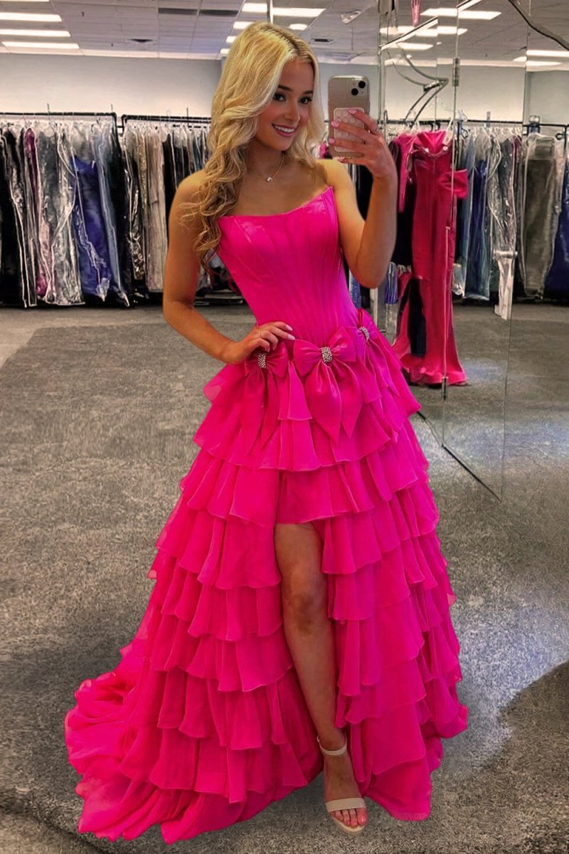 Fuchsia - Strapless A Line Chiffon Tiered Prom Dresses With Bowknot