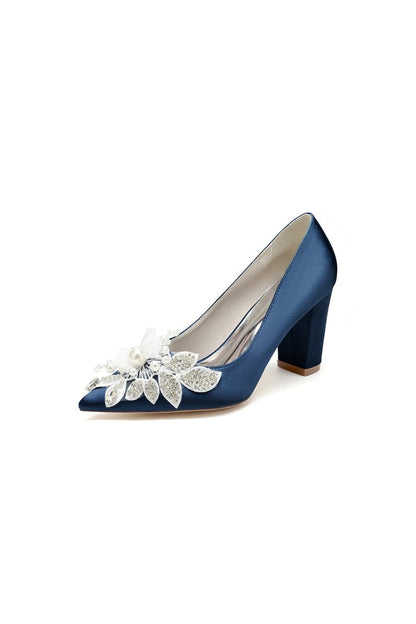 Floral Beaded Pointed Toe Chunky Heel