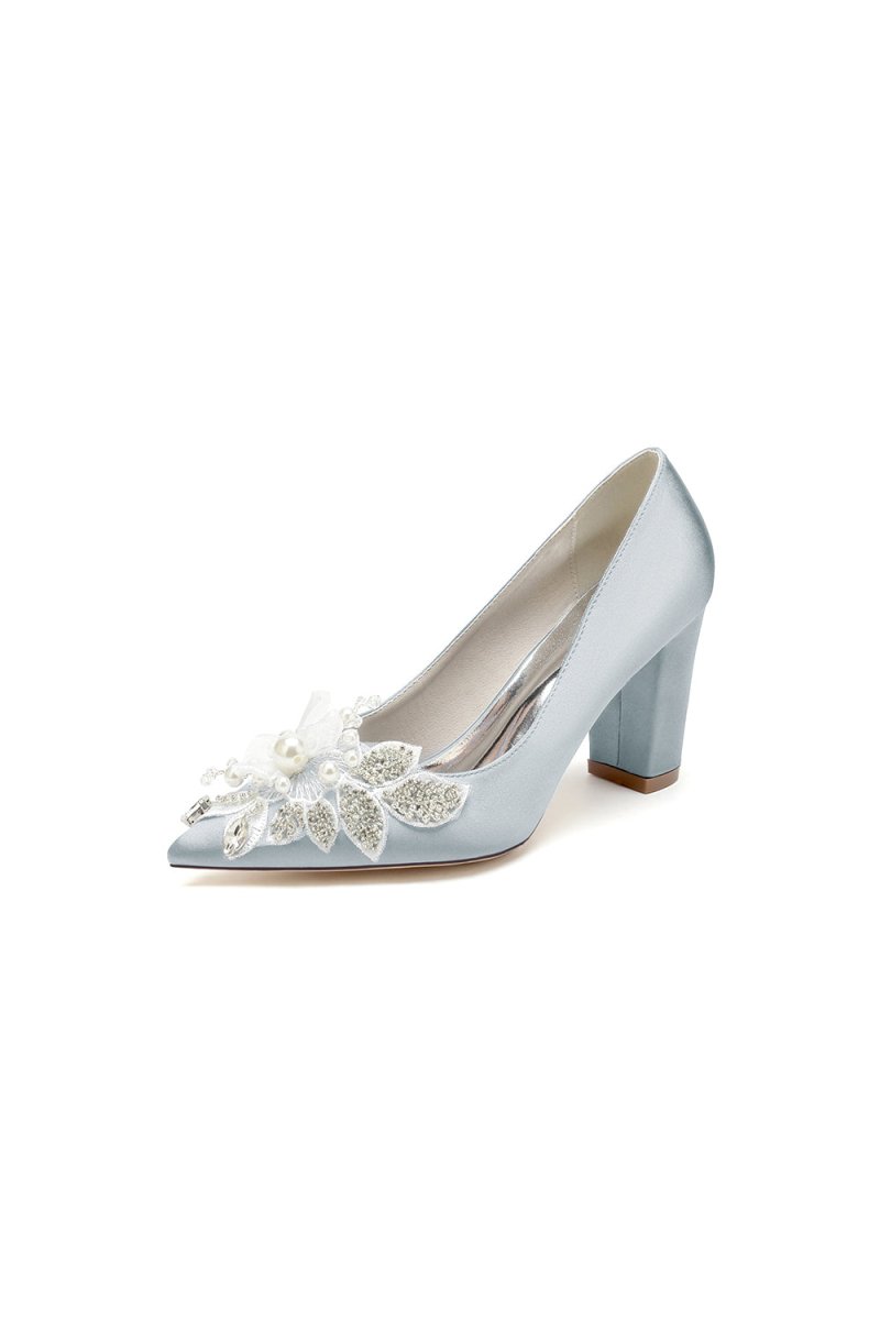 Floral Beaded Pointed Toe Chunky Heel