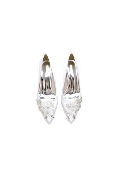 Floral Beaded Pointed Toe Chunky Heel