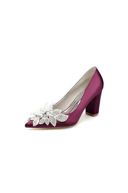 Floral Beaded Pointed Toe Chunky Heel