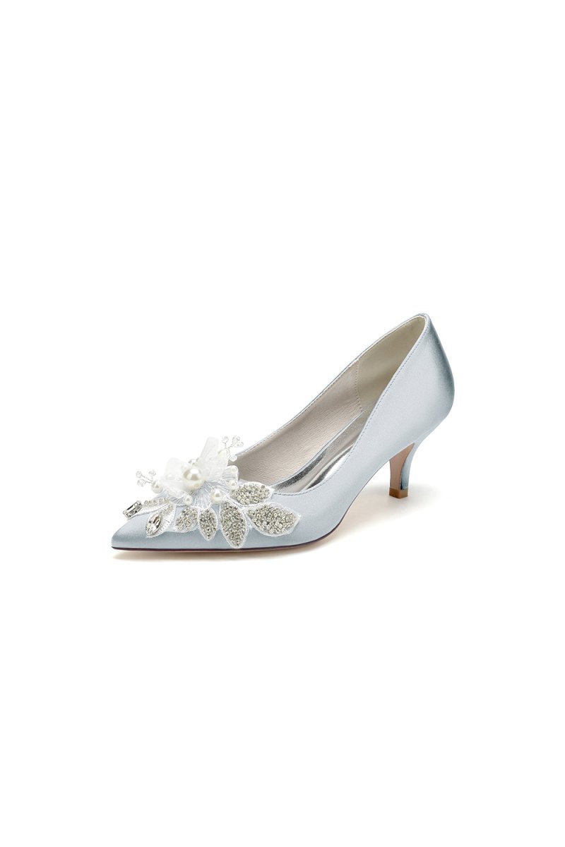 Floral Beading Pointed Toe Satin Kitten Heels