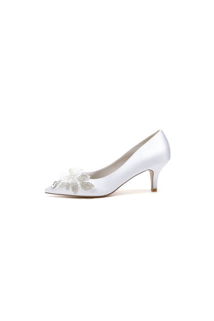 Floral Beading Pointed Toe Satin Kitten Heels
