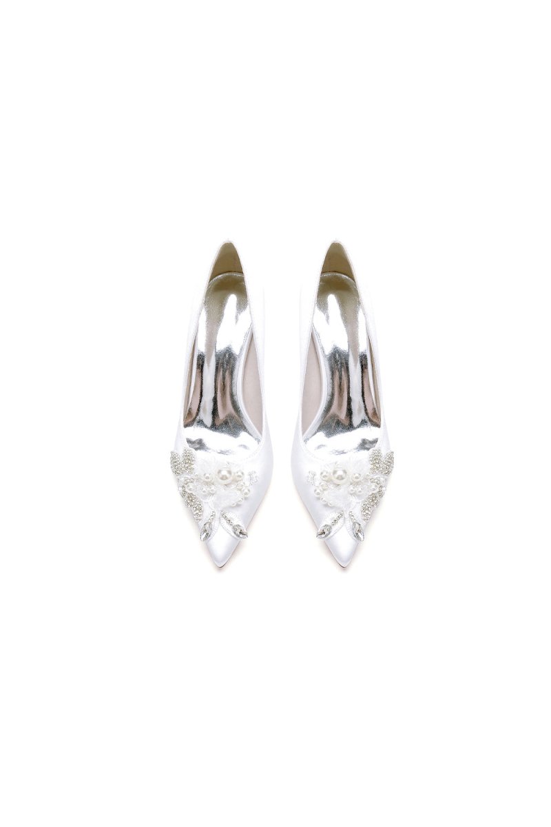 Floral Beading Pointed Toe Satin Kitten Heels
