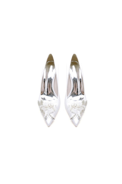 Floral Beading Pointed Toe Satin Kitten Heels