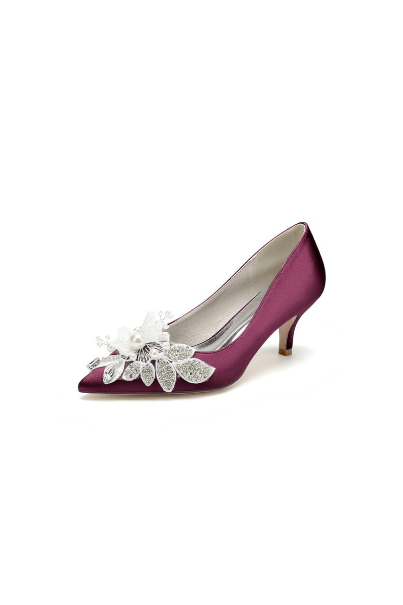 Floral Beading Pointed Toe Satin Kitten Heels