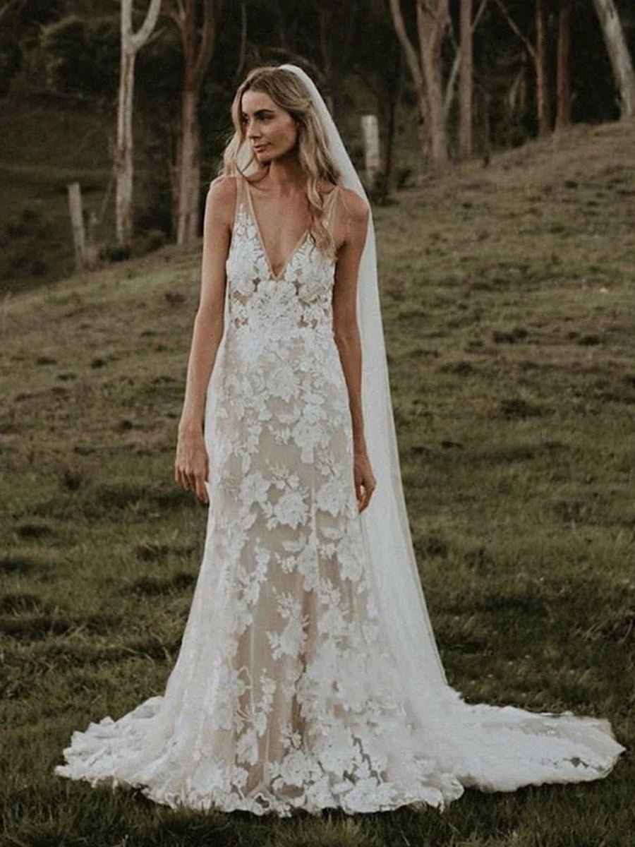 Floral Lace Appliques V Neck Sleeveless Mermaid Boho Wedding Dresses