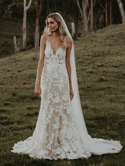 Floral Lace Appliques V Neck Sleeveless Mermaid Boho Wedding Dresses