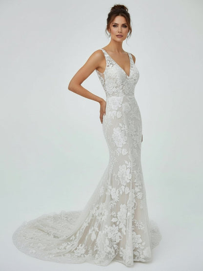 Floral Lace Appliques V Neck Sleeveless Mermaid Boho Wedding Dresses