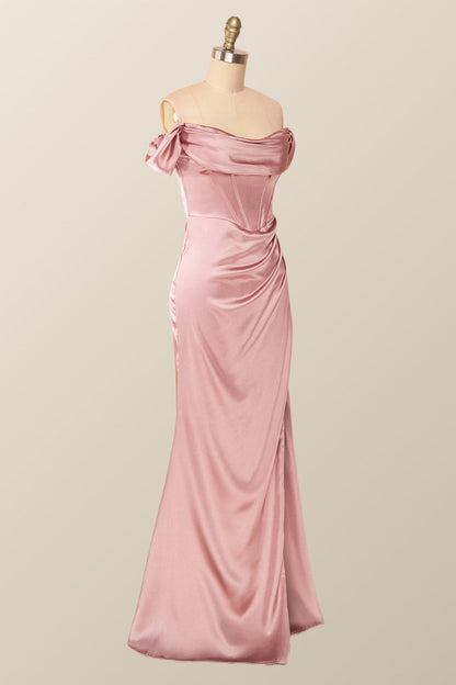 Off the Shoulder Blush Mermaid Long Party Dress with Slit