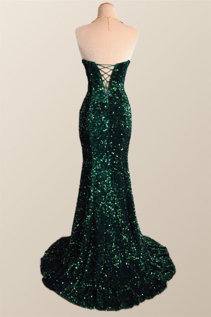 Strapless Dark Green Velvet Sequin Mermaid Party Dress