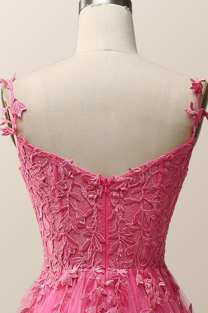Hot Pink Lace Appliques A-line Long Formal Gown