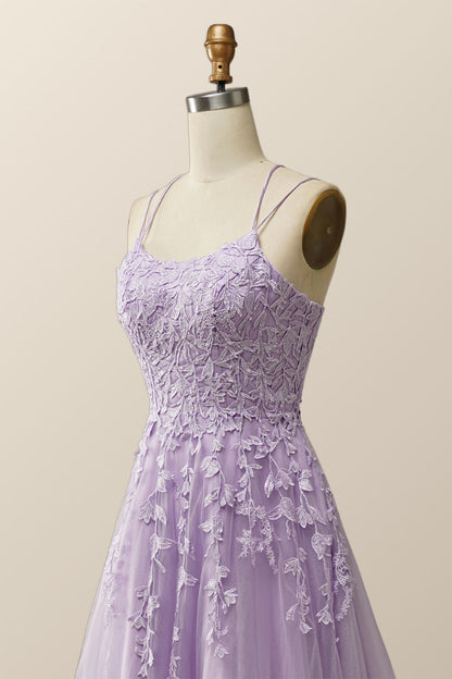 Lavender Lace Appliques A-line Long Formal Dress