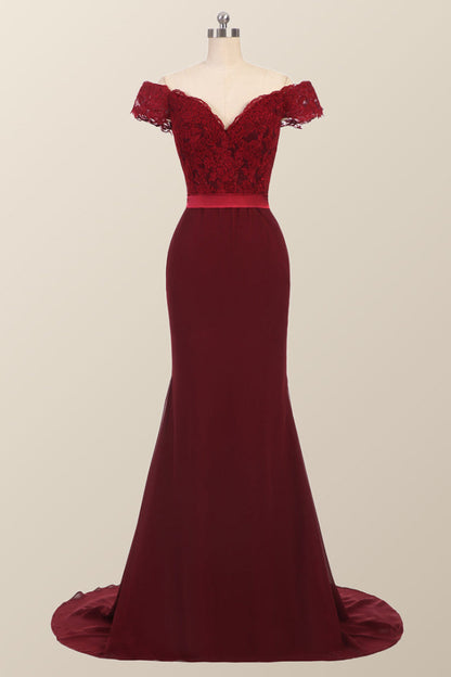 Off the Shoulder Burgundy Mermaid Long Formal Dress