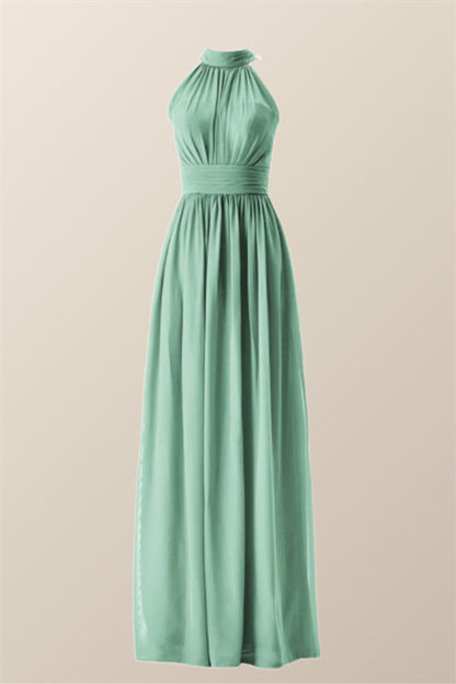 High Neck Mint Green Chiffon A-line Bridesmaid Dress