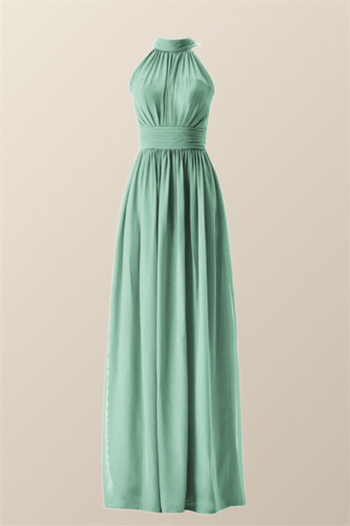High Neck Mint Green Chiffon A-line Bridesmaid Dress