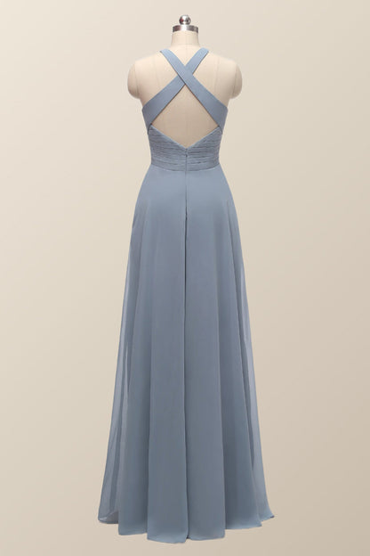 Halter Misty Blue Chiffon A-line Long Bridesmaid Dress