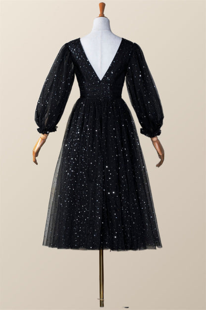 Long Sleeves Black Starry Tulle Midi Dress