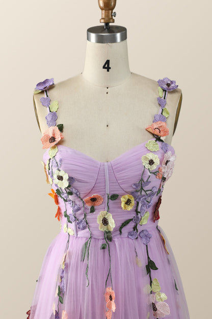 Lavender Tulle and Floral Embroidery Long Formal Gown