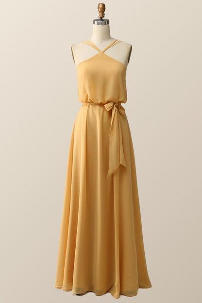 Halter Straps Purple Chiffon Long Bridesmaid Dress