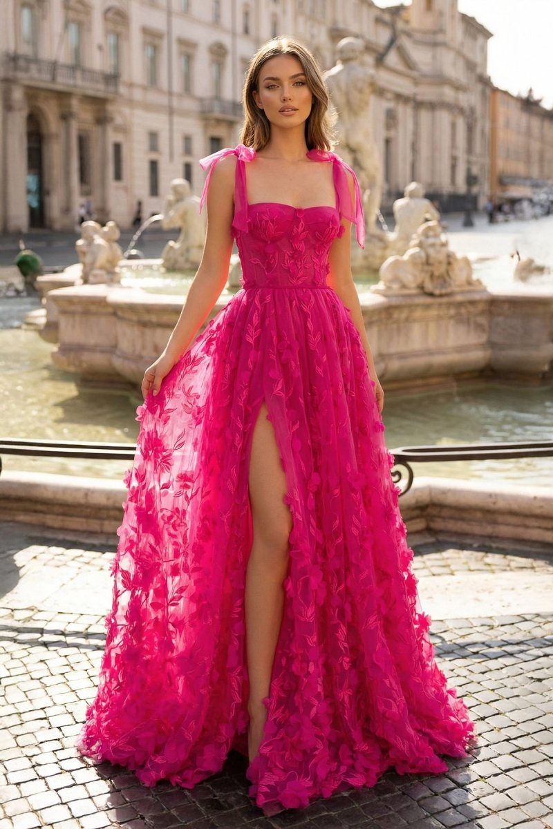 Fuchsia - Elegant A-line 3D Flower Tulle Prom Dress With Slit
