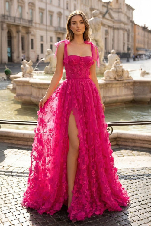 Fuchsia - Elegant A-line 3D Flower Tulle Prom Dress With Slit
