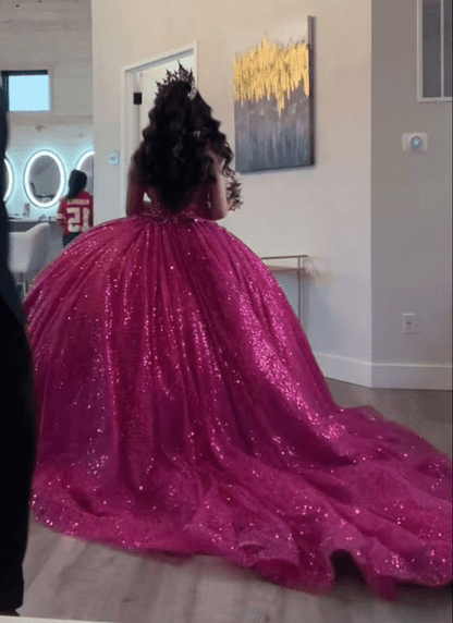 Fuchsia Sleeveless Sequin Quinceanera Dress