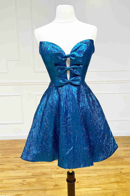 Glitter Strapless Peacock Short Homecoming Dress with Bow
