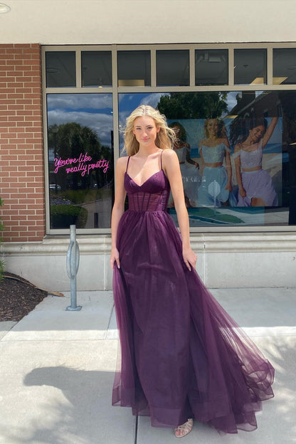 Neon Pink Pleated A-line Long Formal Dress